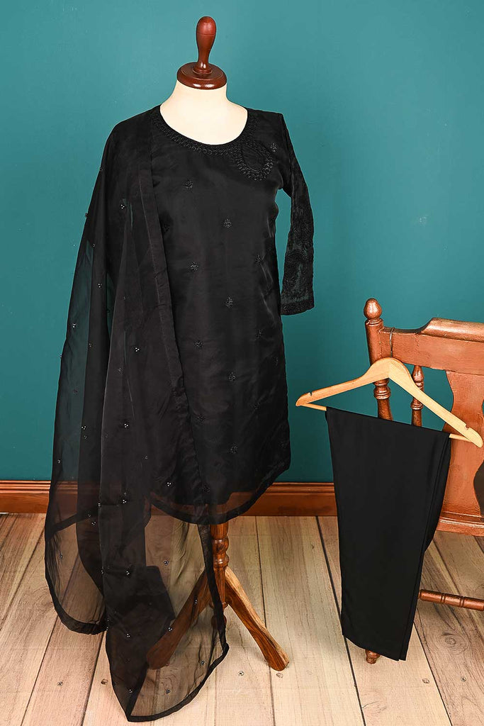 RTW-147-Black - 3Pc Stitched Organza Dress