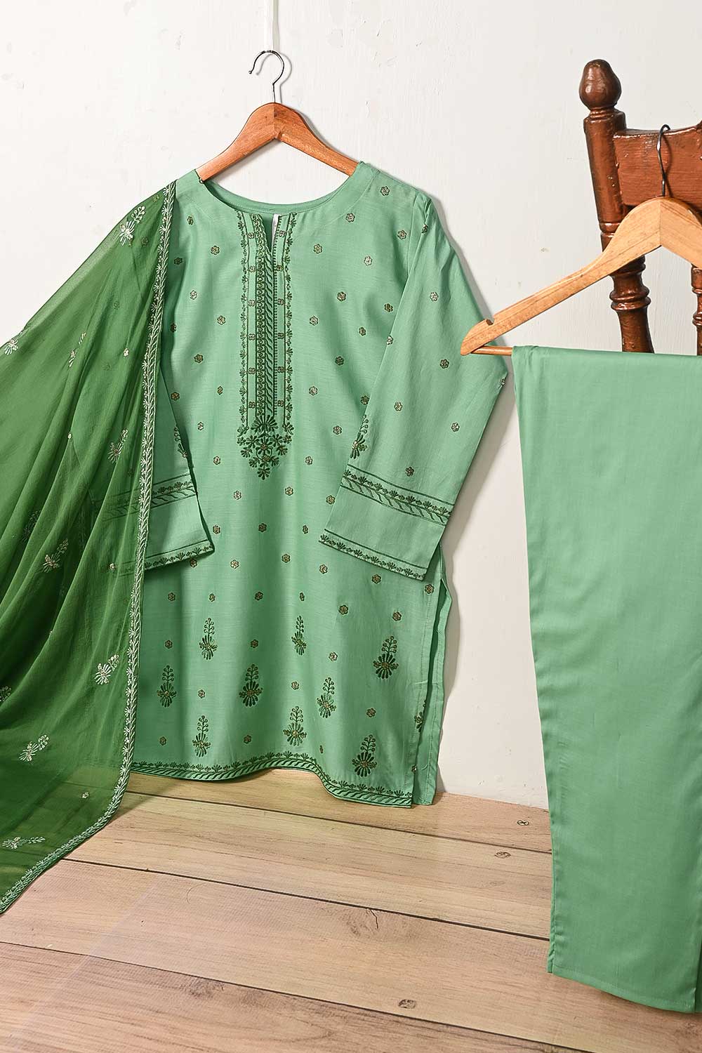 3SP-15A-Pista - 3PC COTTON EMBROIDERED Dress With Chiffon Embroidered Dupatta