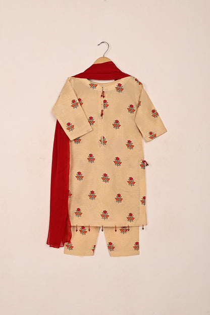 TKF-204-Skin - Kids 3Pc Ready to Wear Paper Cotton Slub Printed Dress