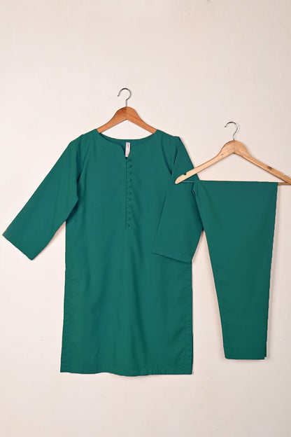 STP-235F-Dull Green - 2Pc Ready to Wear Malai Solid Dress