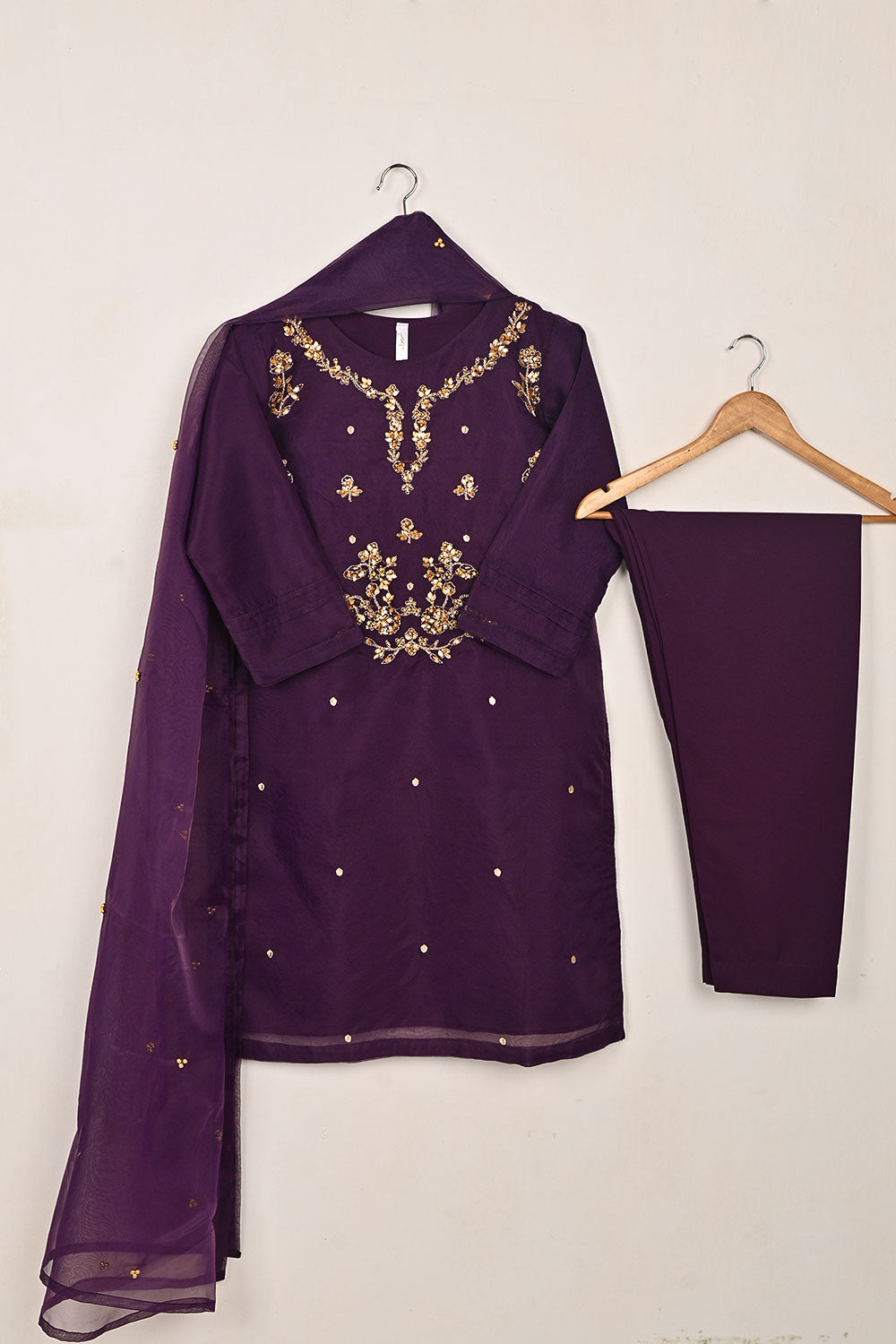 RTW-272-Purple- 3Pc Ready to Wear Embroidered Premium Adda Work Organza Dress