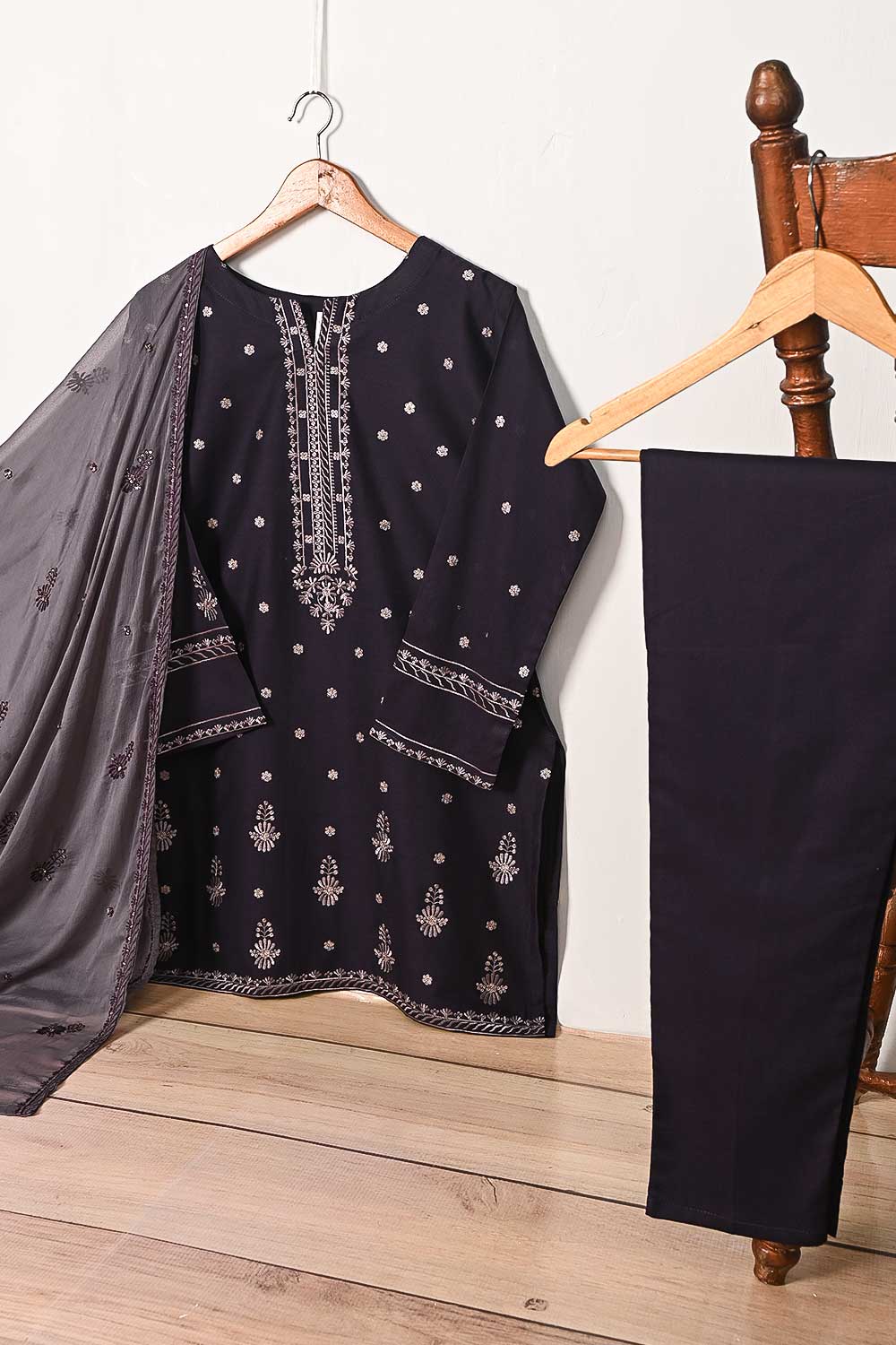 3SP-15B-DarkPurple - 3PC COTTON EMBROIDERED Dress With Chiffon Embroidered Dupatta