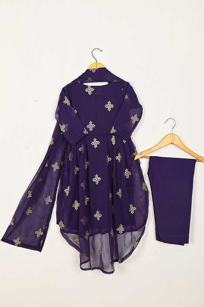 TKF-93-Purple - Kids 3Pc Chiffon Embroidered Frock