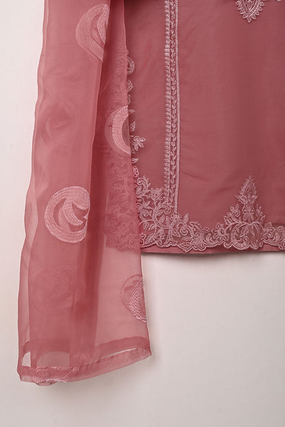 RTW-274-Tea Pink - 3Pc Ready to Wear Cut Work Embroidered Organza Dress