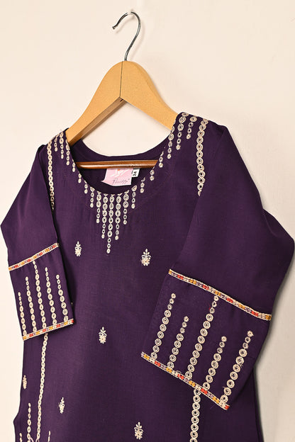 TKF-129-Purple- Kids 2Pc Cambric Embroidered Dress