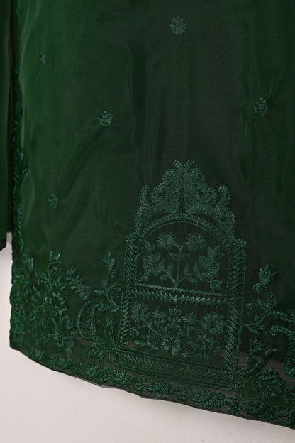 RTW-319-Bottle Green -  3Pc Ready to Wear Embroidered Organza Dress