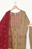 3SP-14B-Brown - 3PC COTTON EMBROIDERED Dress With Chiffon Embroidered Dupatta