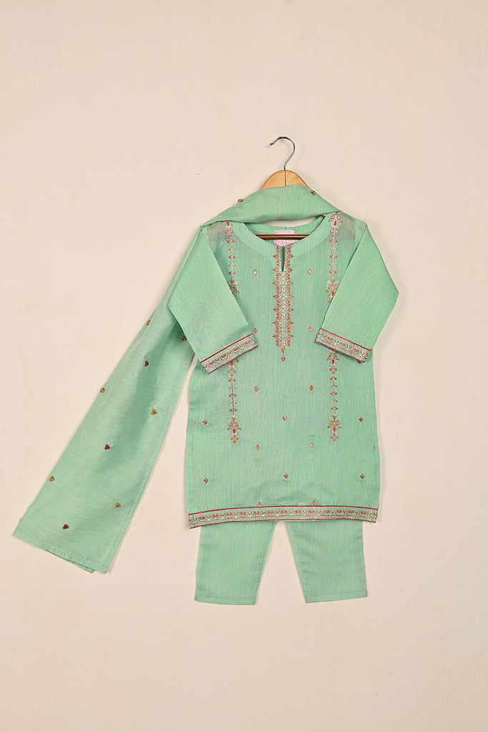 TKF-134-Sea Green - Kids 3Pc Ready to Wear Embroidered Slub Cotton Dress