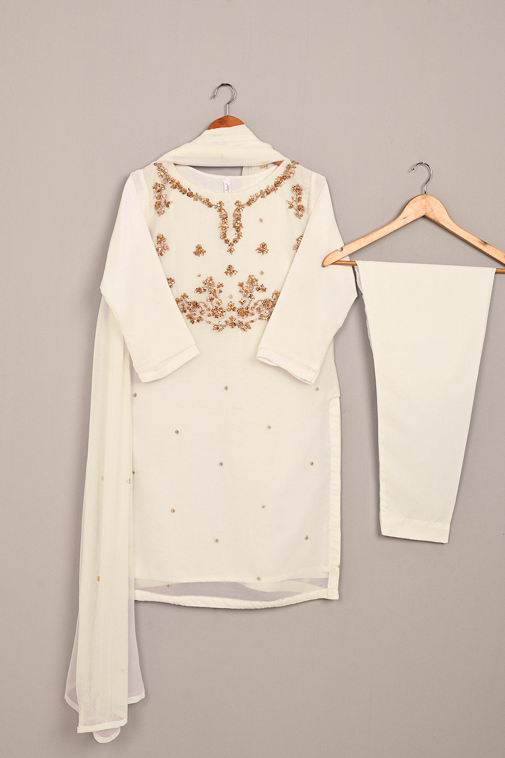 RTW-243-White - 3Pc Ready to Wear Embroidered Adda Work Chiffon Dress