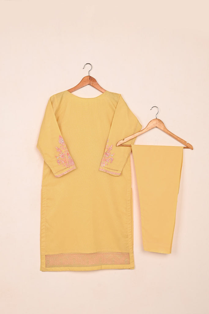 STP-196A-Yellow - 2Pc Ready to Wear 2Pc Javeria Net Embroidered  Dress