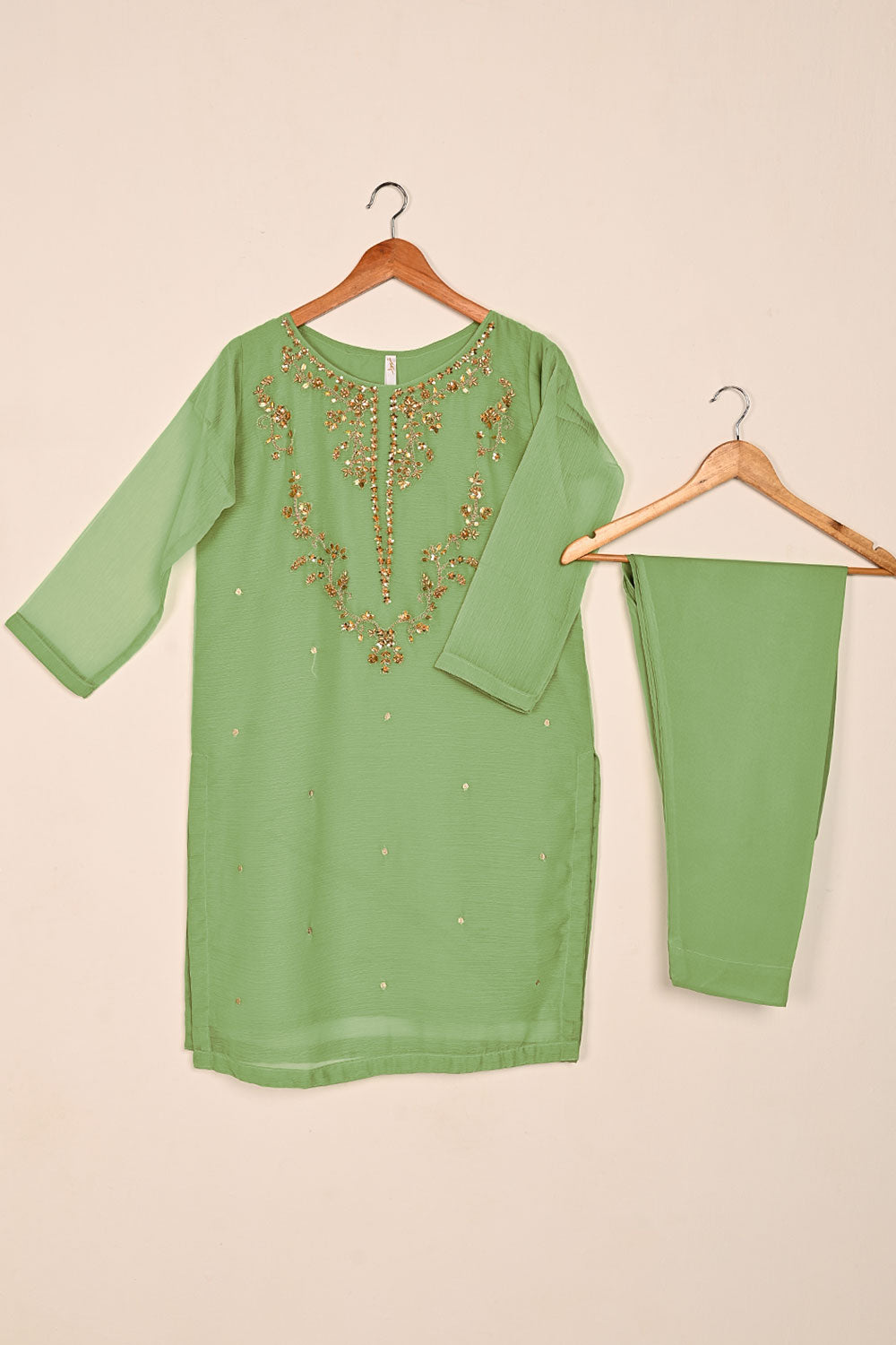 RTW-176-Pista - 3Pc Ready to Wear Embroidered Adda Work Chiffon Dress