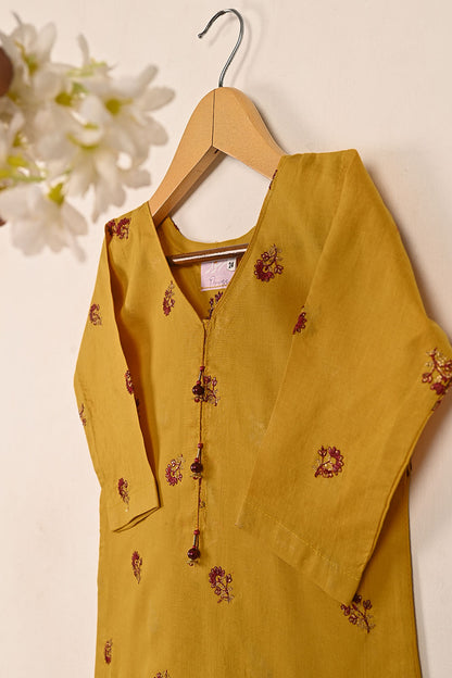 TKF-150-Mustard - Kids 2Pc Embroidered Cambric Dress