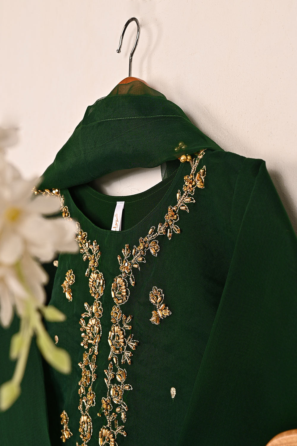 RTW-231-Green - 3Pc Ready to Wear Embroidered Premium Adda Work Organza Dress