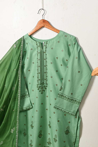 3SP-15A-Pista - 3PC COTTON EMBROIDERED Dress With Chiffon Embroidered Dupatta