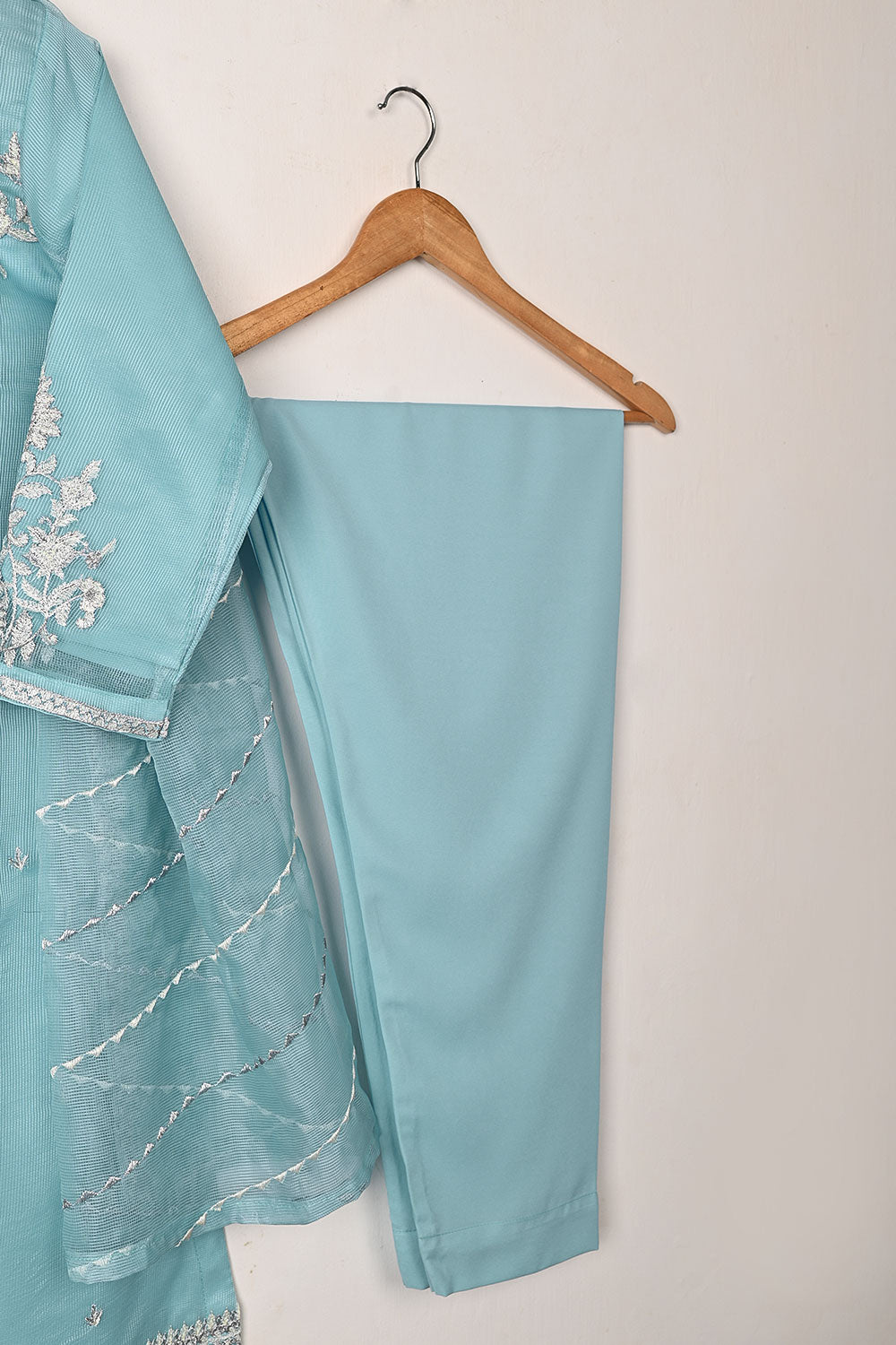 RTW-192-SkyBlue - 3Pc Ready to Wear 3Pc Javeria Net Embroidered  Dress