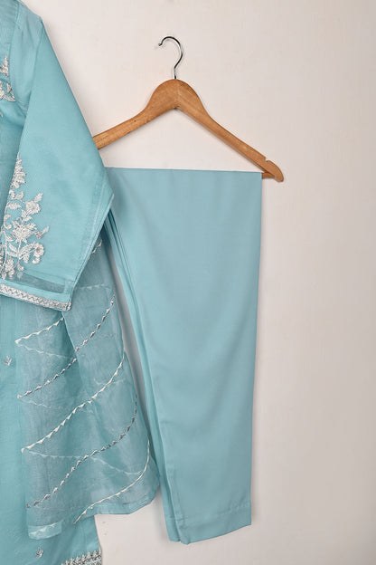 RTW-192-SkyBlue - 3Pc Ready to Wear 3Pc Javeria Net Embroidered  Dress