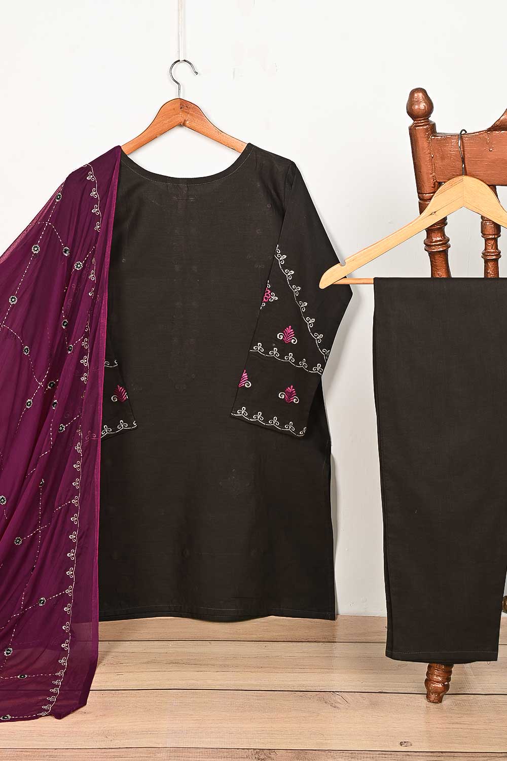 3SP-3C-UmberBrown - 3PC CAMBRIC EMBROIDERED Dress With Chiffon Embroidered Dupatta