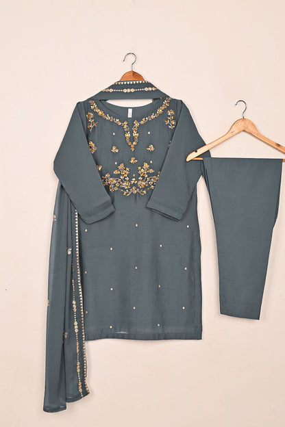 RTW-232-Gray - 3Pc Ready to Wear Embroidered Adda Work Chiffon Dress