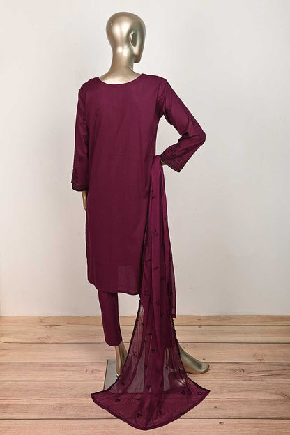 3SP-19A-Magenta - 3PC COTTON EMBROIDERED Dress With Chiffon Embroidered Dupatta