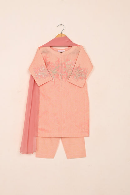 TKF-169-Peachy Pink - Kids 3Pc Paper Cotton Embroidered Shirt