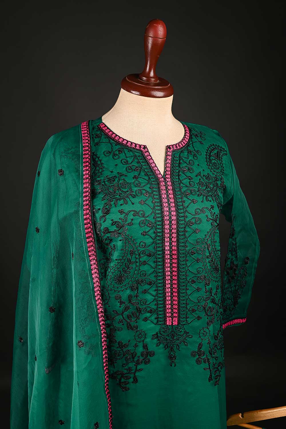 RTW-129-Green - 3Pc Stitched Organza Dress