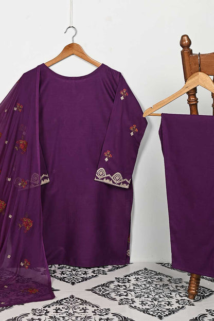 3SP-9B-Purple - 3PC COTTON EMBROIDERED Dress With Chiffon Embroidered Dupatta