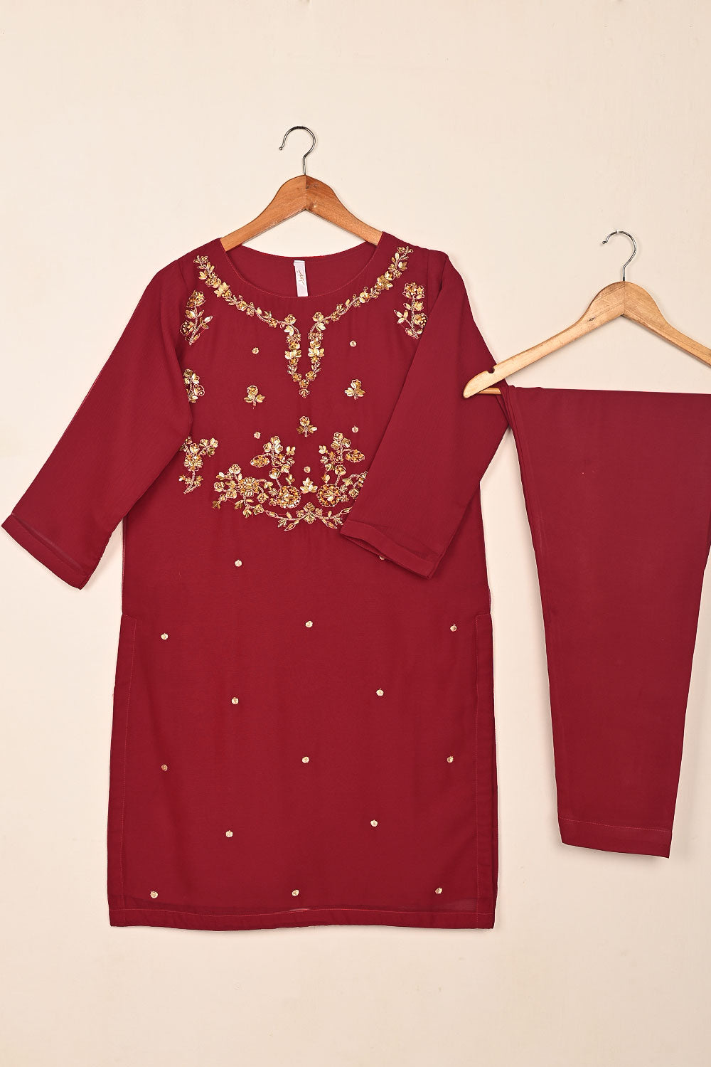 RTW-259-Red - 3Pc Ready to Wear Embroidered Adda Work Chiffon Dress