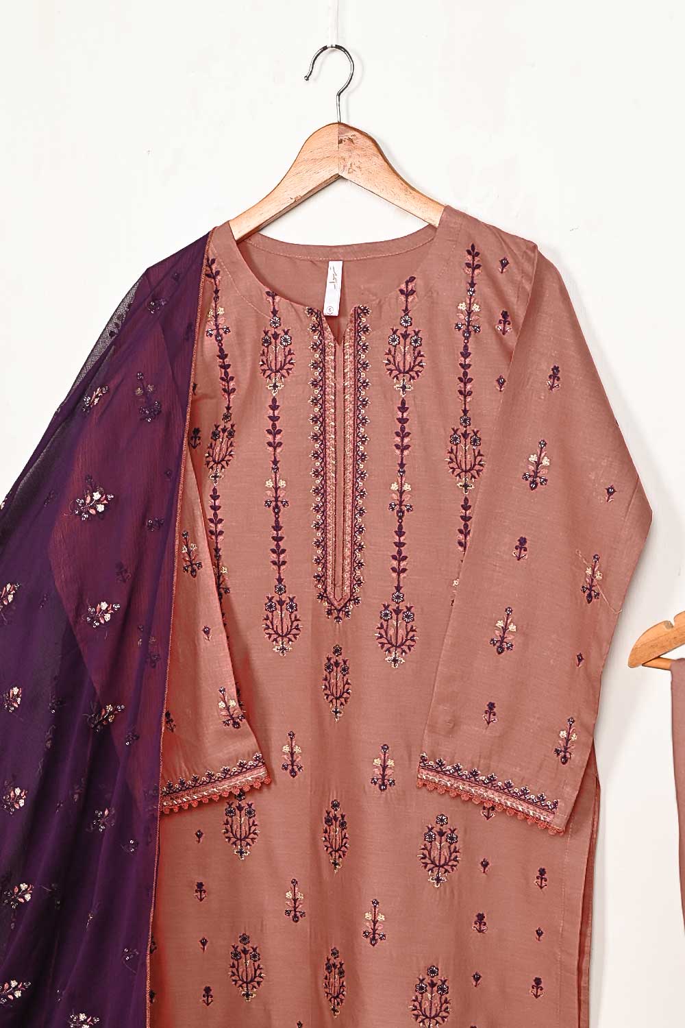 3SP-14A-TeaPink - 3PC COTTON EMBROIDERED Dress With Chiffon Embroidered Dupatta