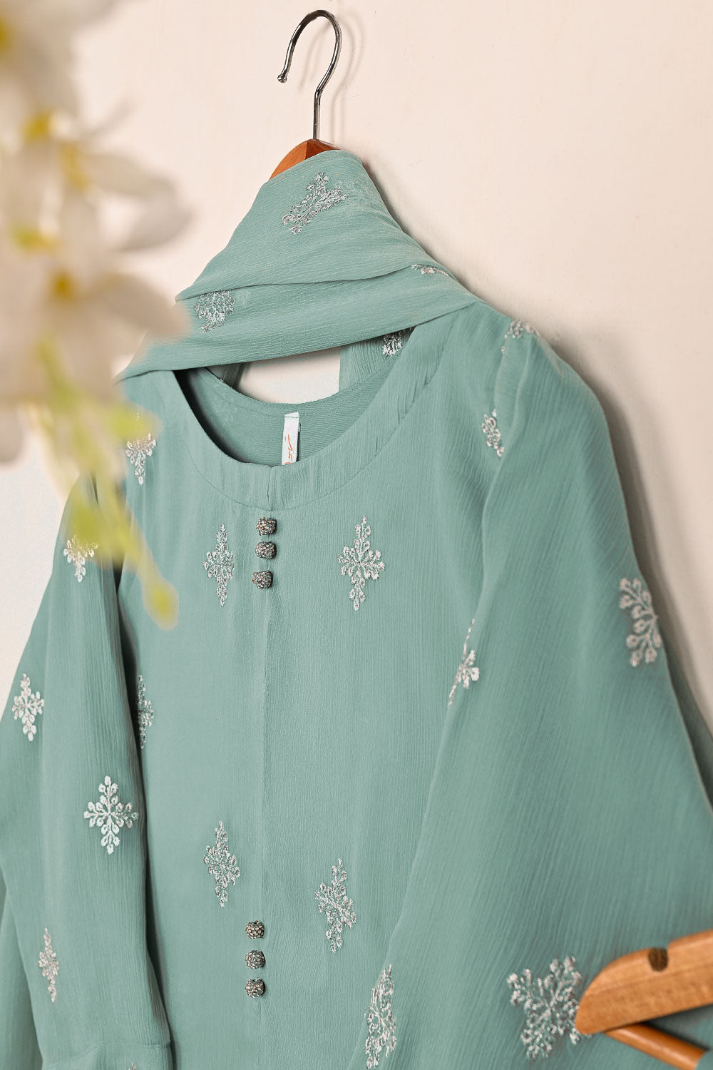 RTW-212-Cyan-  3Pc Ready to Wear Embroidered Chiffon Dress