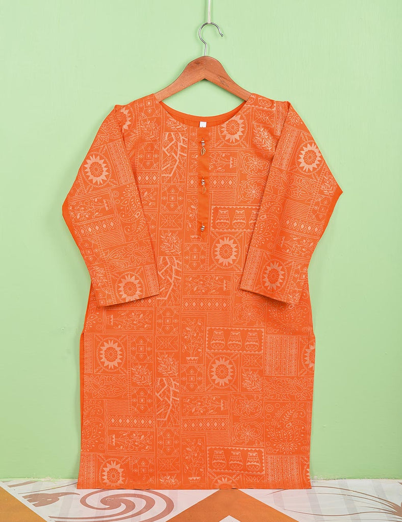 Cotton Printed Stitched Kurti Embellished With Tassels On Neckline - (TS-074A-Orange)