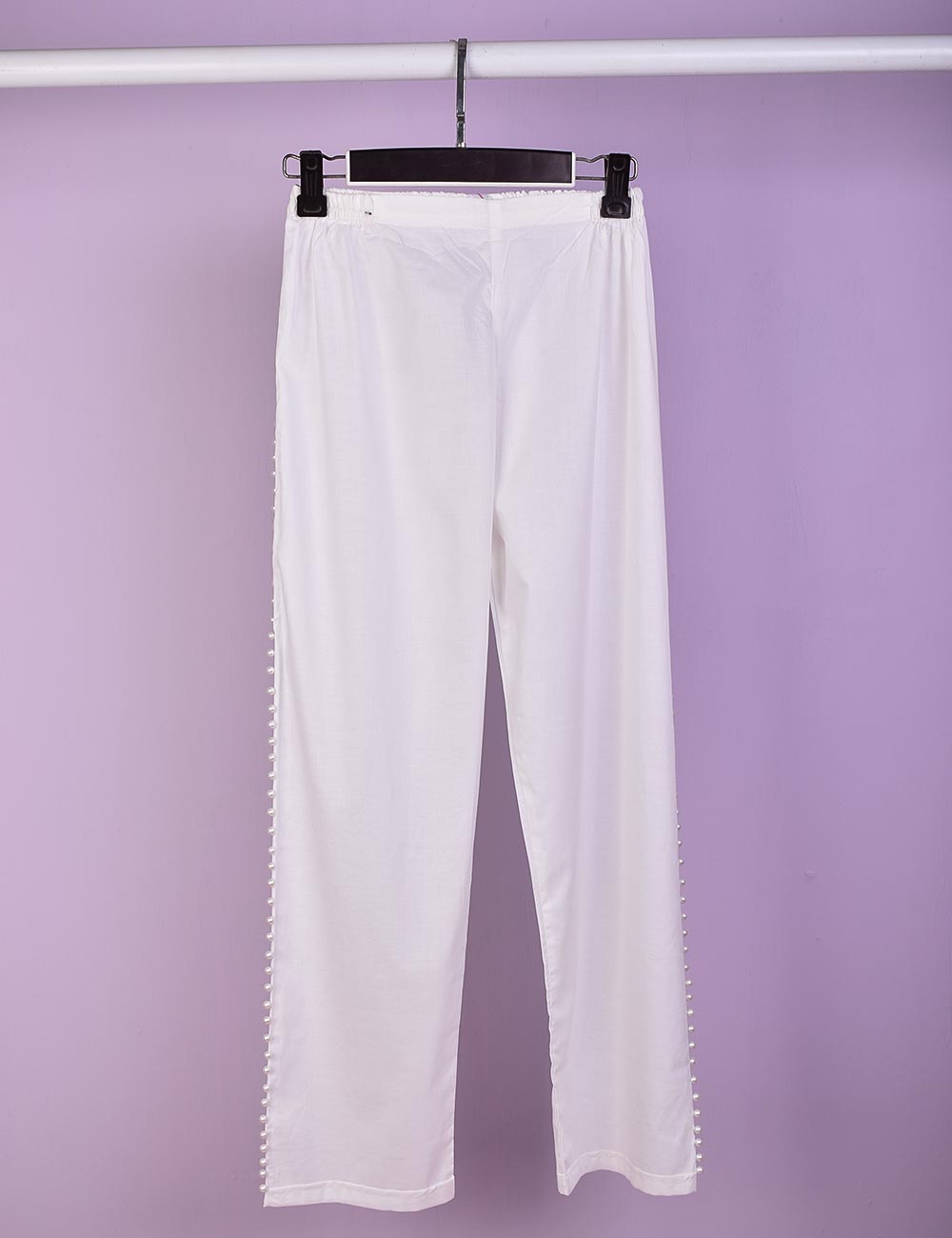 Stitched Cotton Trouser With Pearls - Pearly Delight (CT-17-White)