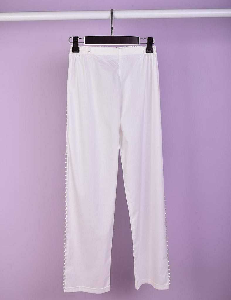 Stitched Cotton Trouser With Pearls - Pearly Delight (CT-17-White)