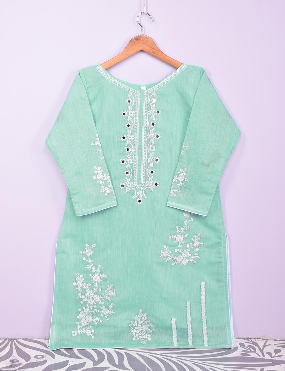 Paper Cotton Embroidered Stitched Kurti With Mirror Work - Reflection (TS-062B-AquaGreen)