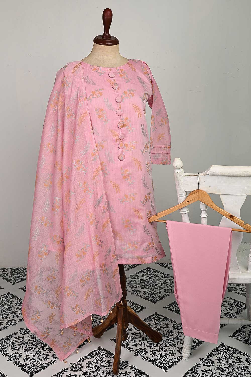 RTW-82-Pink -  3Pc Stitched Gold Print Paper Cotton Dress