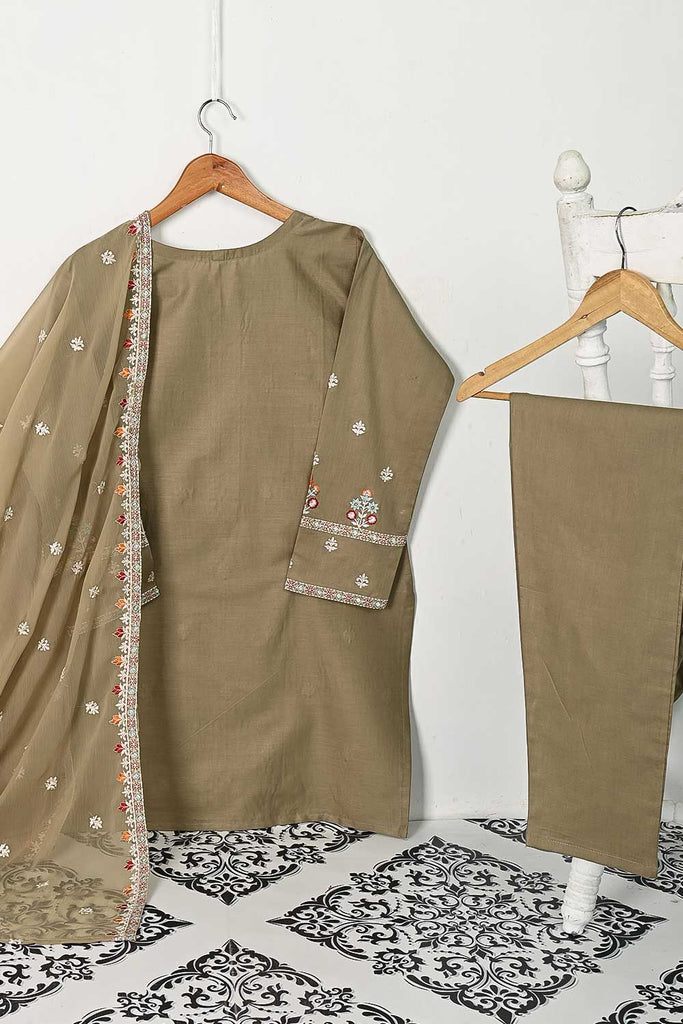 3SP-7A-SKIN - 3PC COTTON EMBROIDERED Dress With Chiffon Embroidered Dupatta