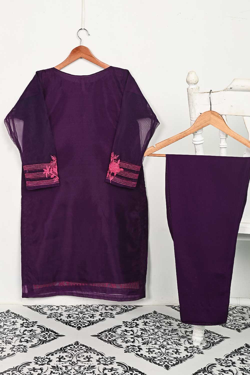 STP-071C-Purple - 2Pc Organza Embroidered With Malai Trouser