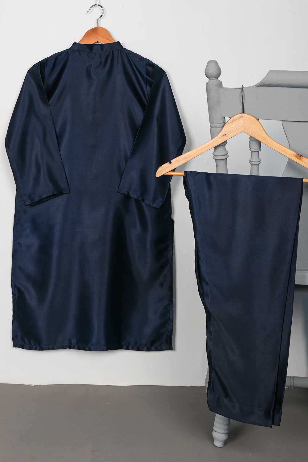 STP-076A-NavyBlue - 2Pc Silk Shirt With Silk Trouser