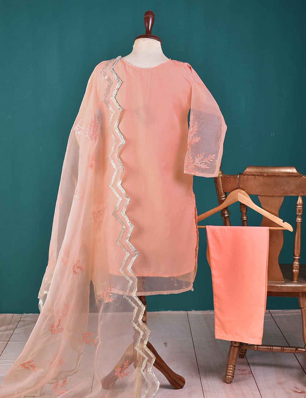 3 Pc Stitched Organza Suit With Tassels With Organza Embroidered Dupatta and Malai Trouser - Pearly Delight (RTW-21-Pink)