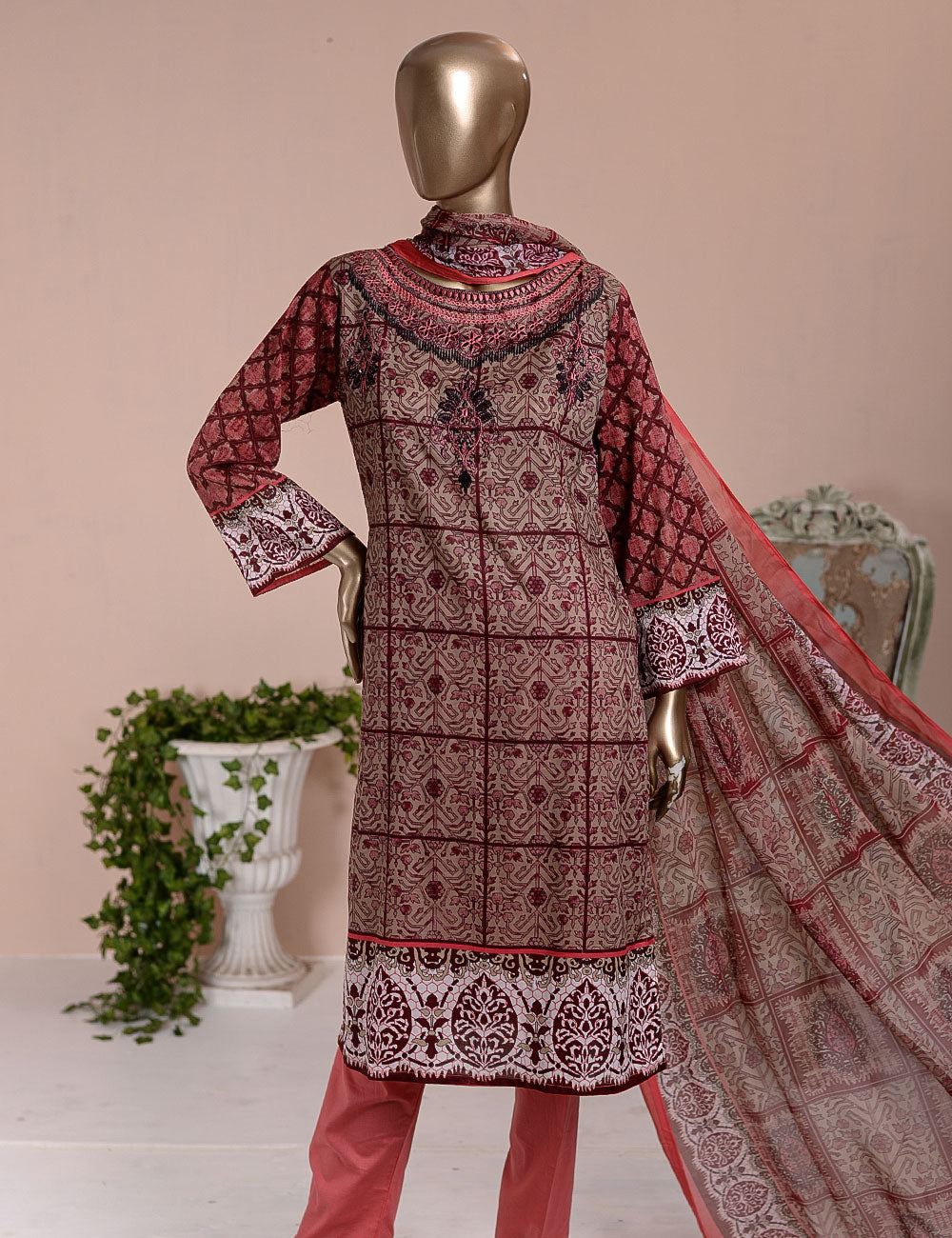 3 Pc Unstitched Lawn Embroidered Dress with Chiffon Dupatta - Etienne  - (FE-03)