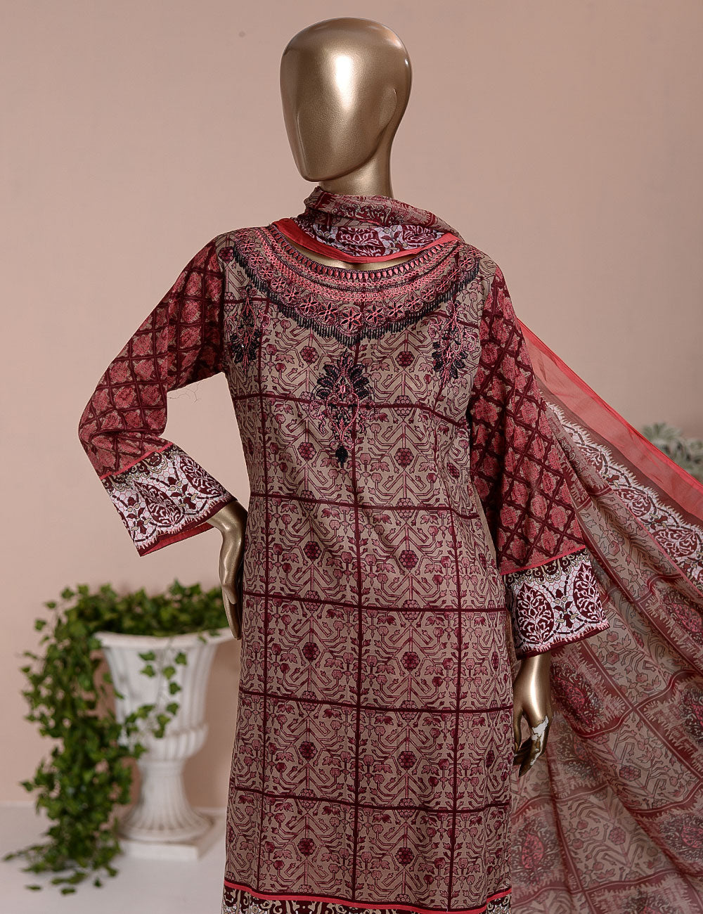 3 Pc Unstitched Lawn Embroidered Dress with Chiffon Dupatta - Etienne  - (FE-03)