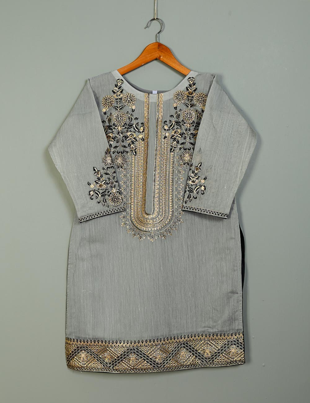 T20-040D-Grey - Equinox - Semi Formal Paper Cotton Fabric Embroidered Stitched Kurti