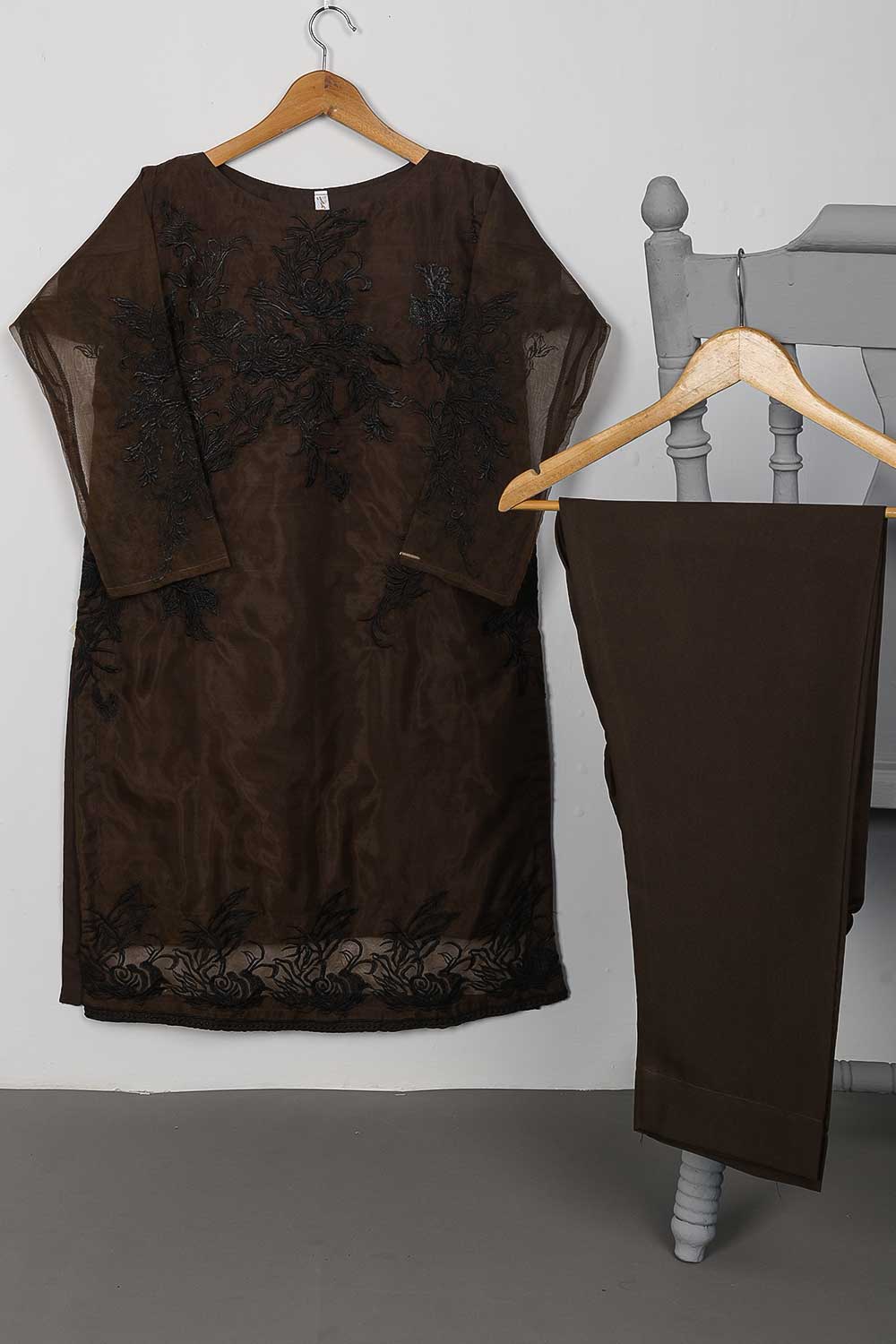 STP-072A-Dark Brown - 2Pc Organza Embroidered With Malai Trouser