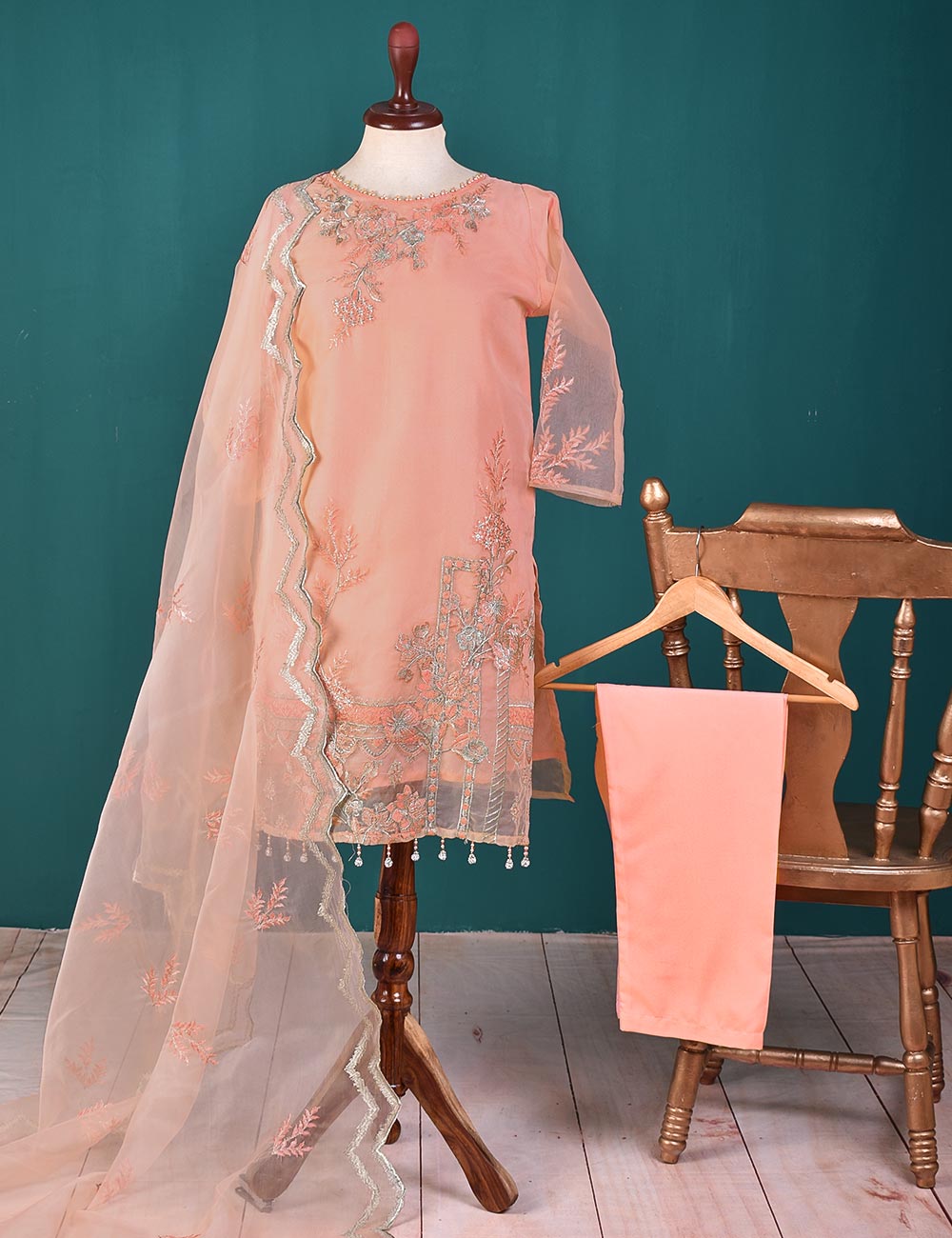 3 Pc Stitched Organza Suit With Tassels With Organza Embroidered Dupatta and Malai Trouser - Pearly Delight (RTW-21-Pink)