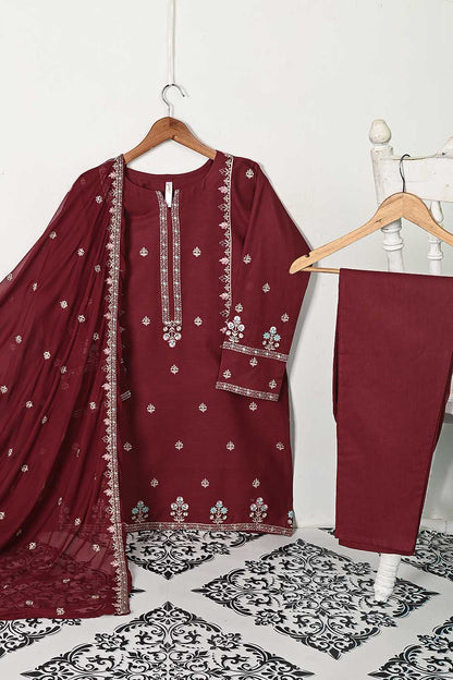 3SP-7B-Maroon - 3PC COTTON EMBROIDERED Dress With Chiffon Embroidered Dupatta