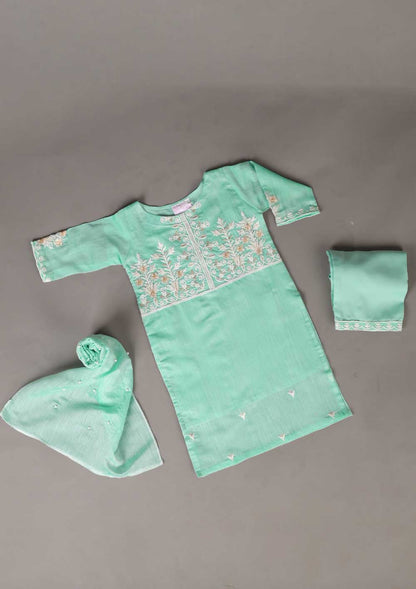 TKF-18-SeaGreen - Kids 3Pc Paper Cotton Dress With Malai Trouser