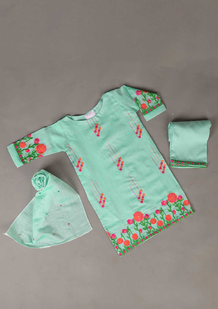 TKF-19-SeaGreen - Kids 3Pc Paper Cotton Dress With Malai Trouser