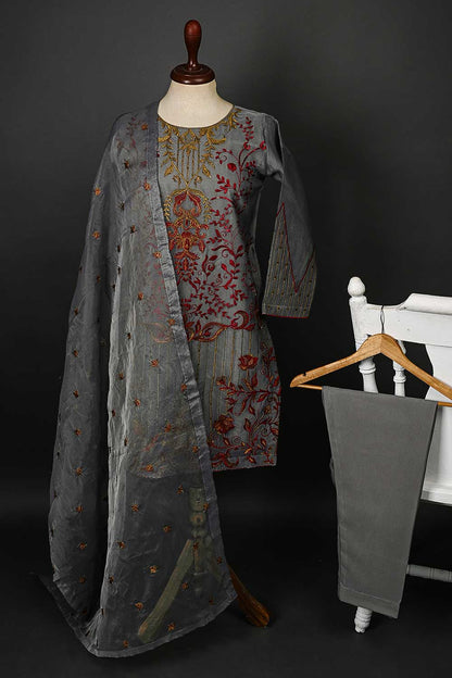 RTW-47-Grey -  3Pc Stitched Embroidered Organza Dress