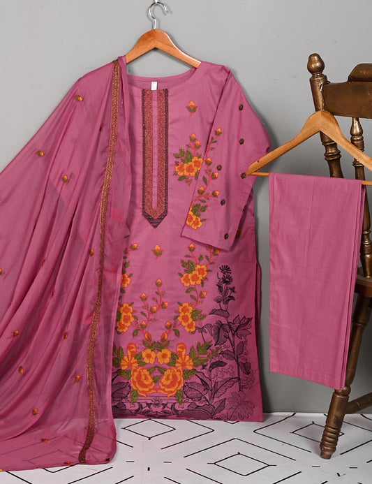 SEC-1B-Pink - 3Pc Stitched Cotton Embroidered Dress With Chiffon Embroidered Dupatta