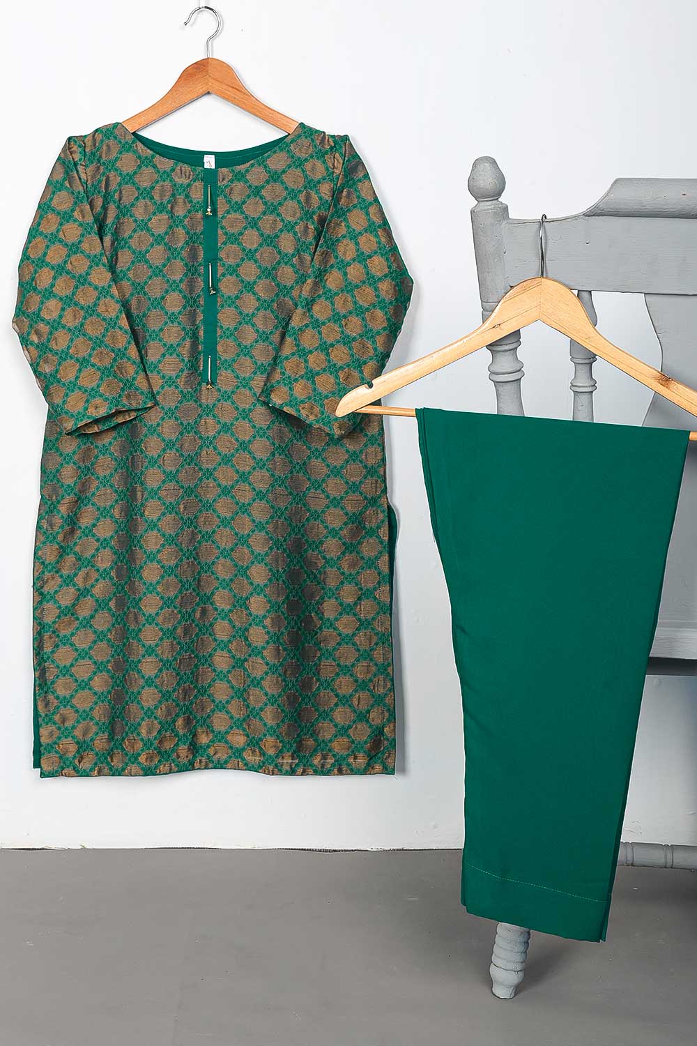 STP-086A-Green - 2Pc Stitched Broshia Jacquard Shirt With Malai Trouser