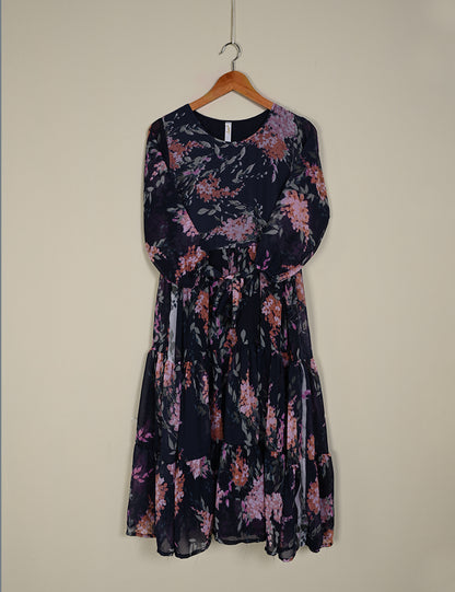 TIE-21-Navy Blue - Chiffon Printed Frock